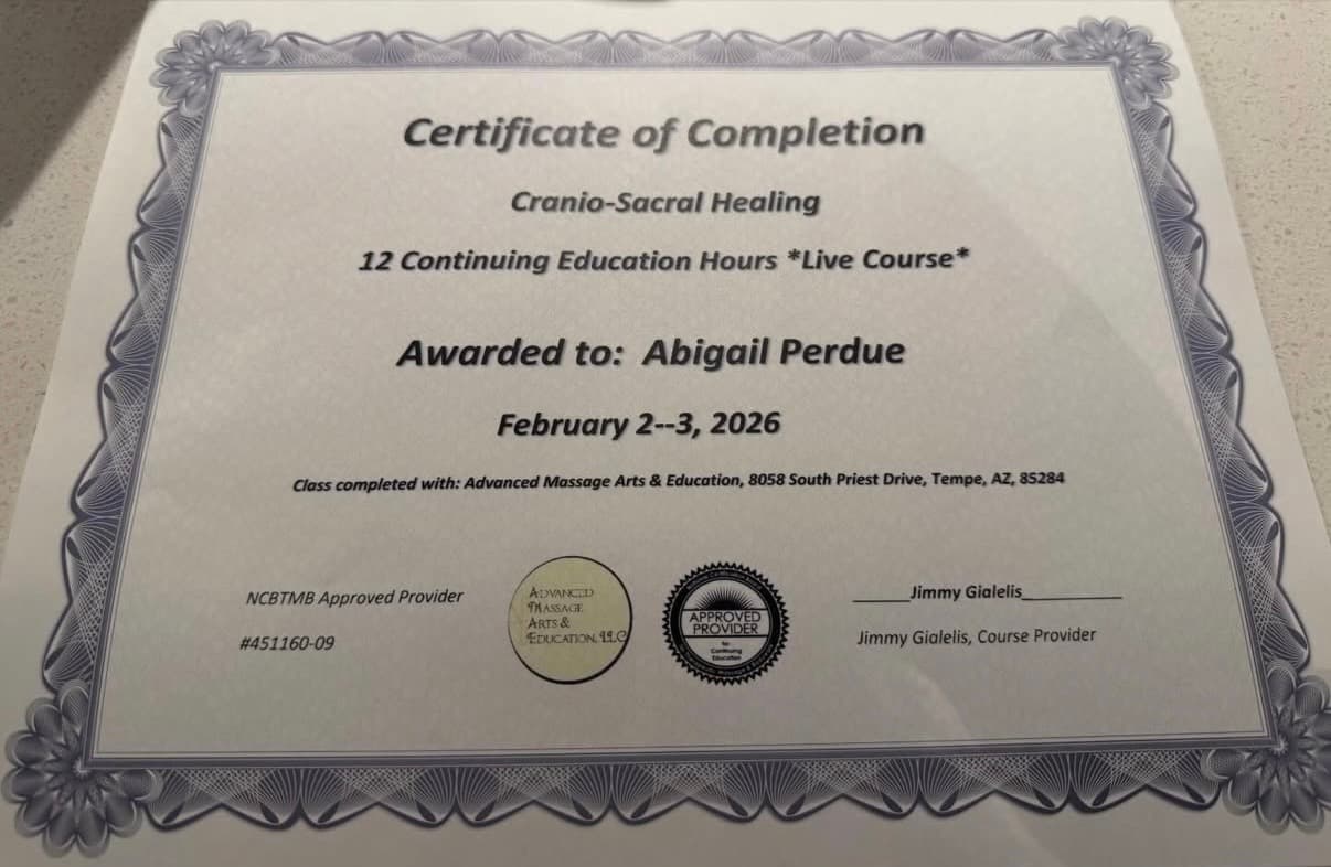 Certificate of completion: Cranio-Sacral Healing, awarded to Abigail Perdue