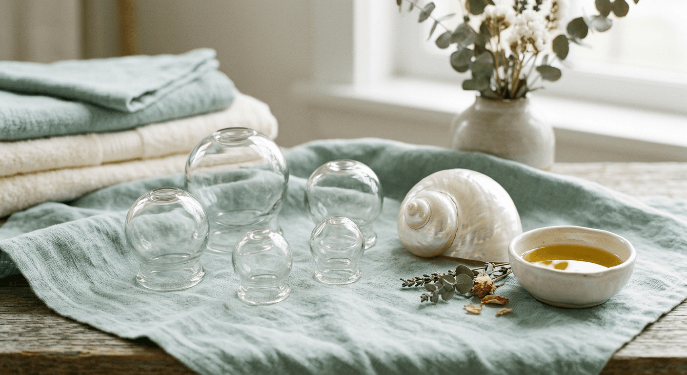 Glass cupping set beside folded towels