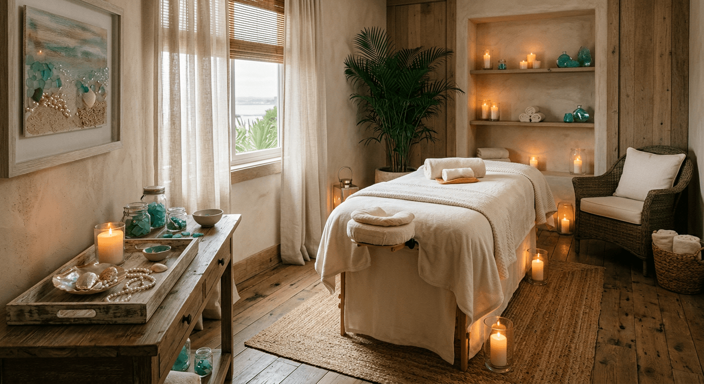 Softly lit massage room with a dressed table