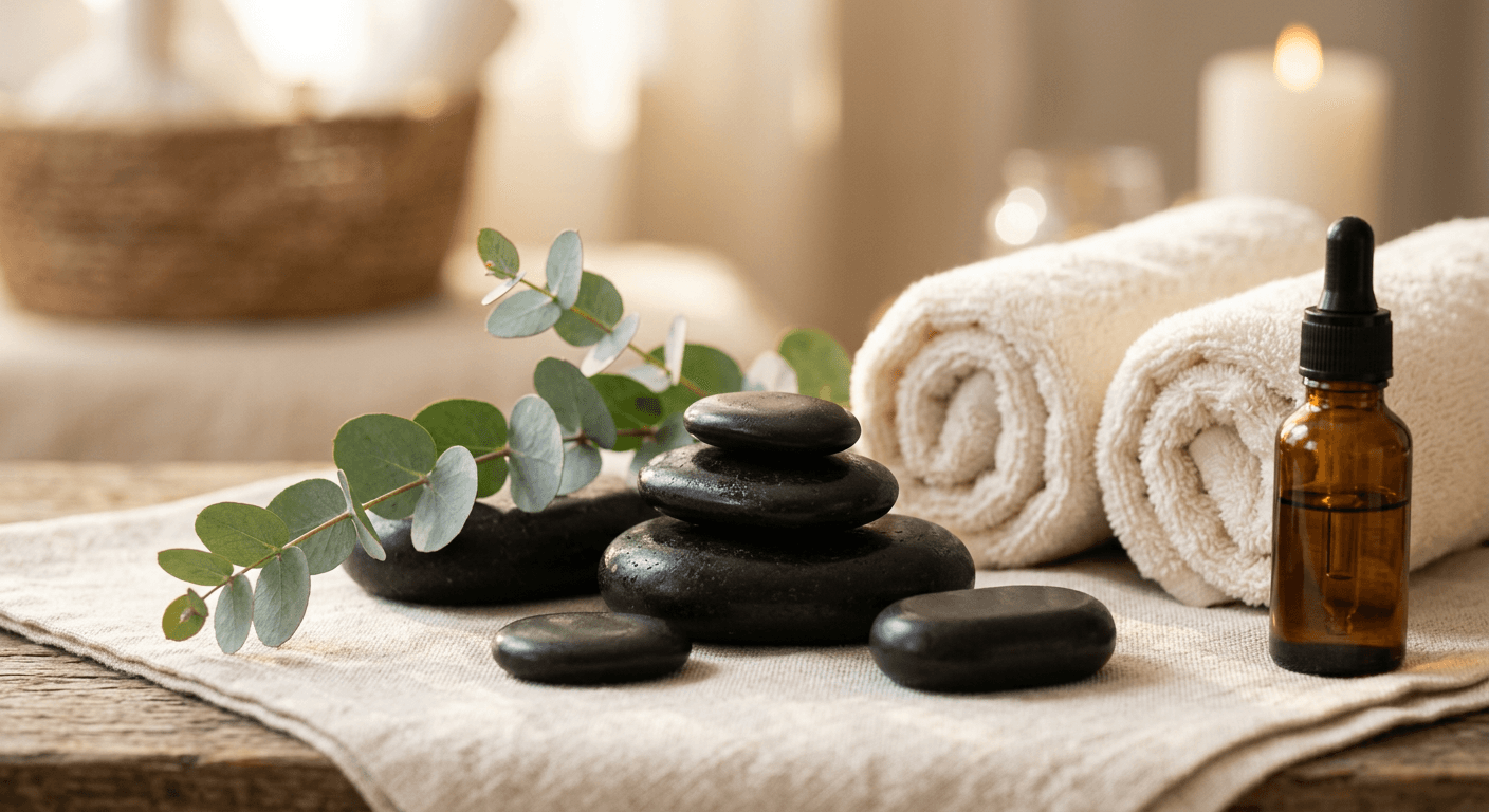 Warm basalt massage stones on a linen towel