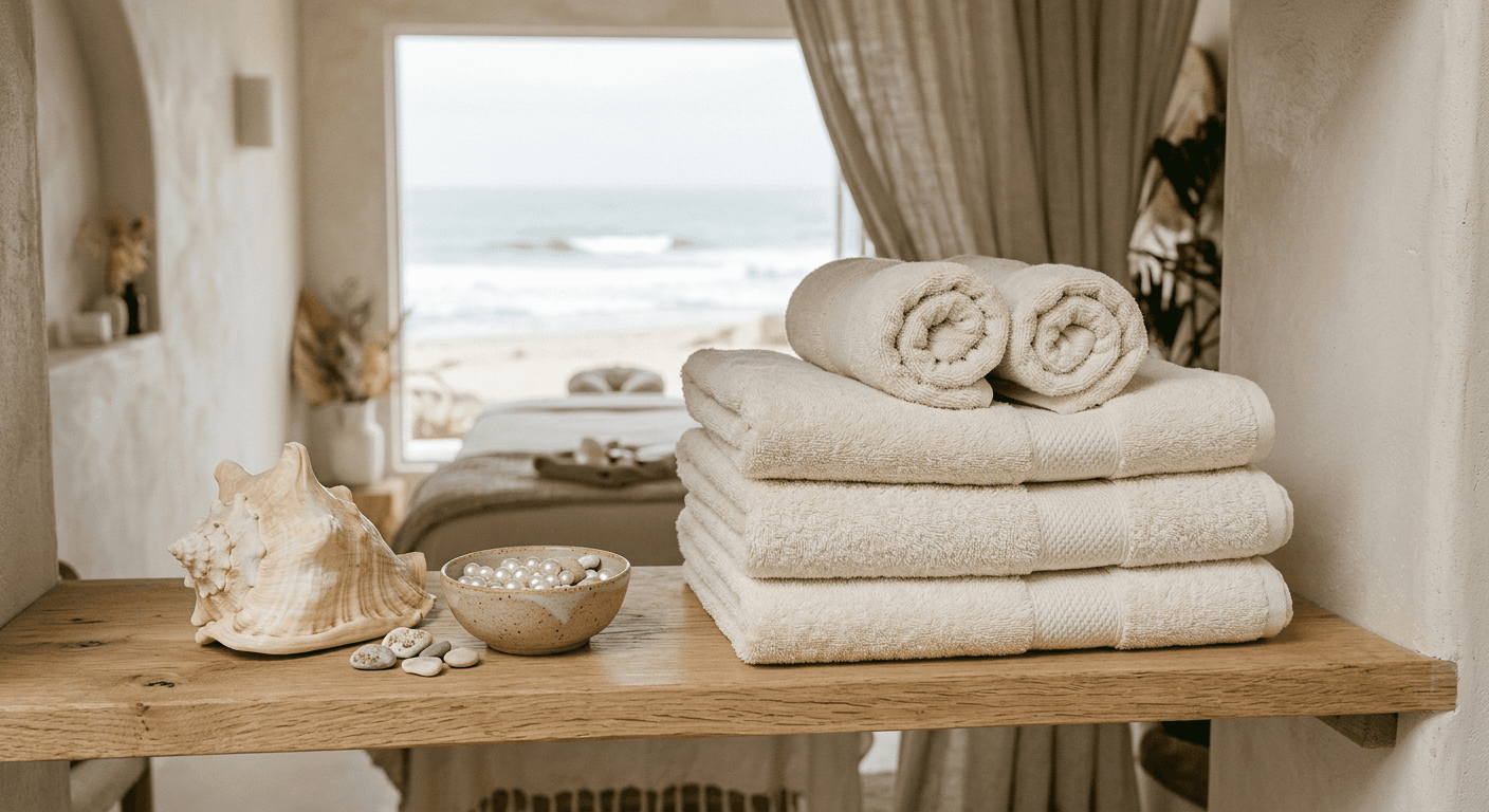 Rolled ivory towels beside a seashell