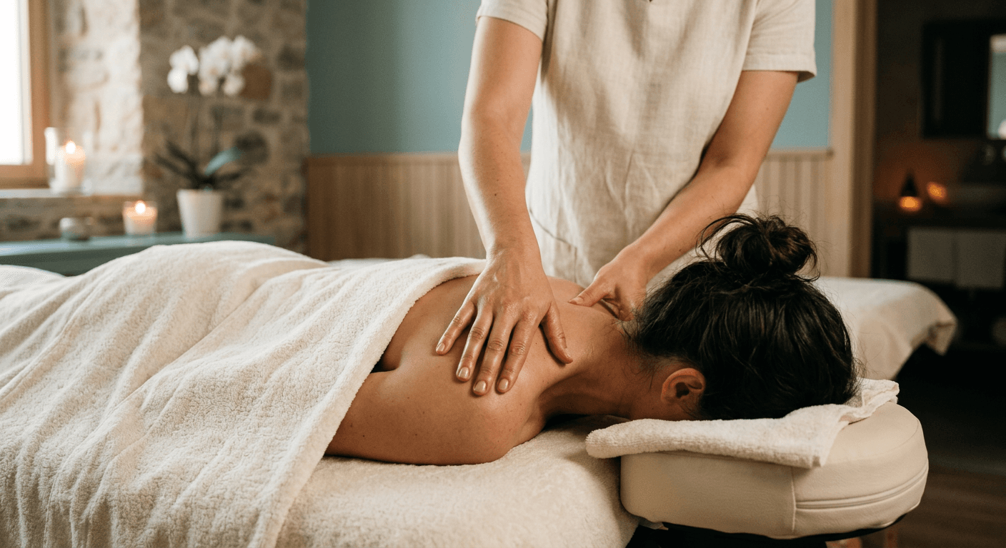 Massage therapist working on a client’s neck and shoulders
